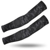 A pair of black tactical camouflage arm sleeves shown diagonally against a white background.