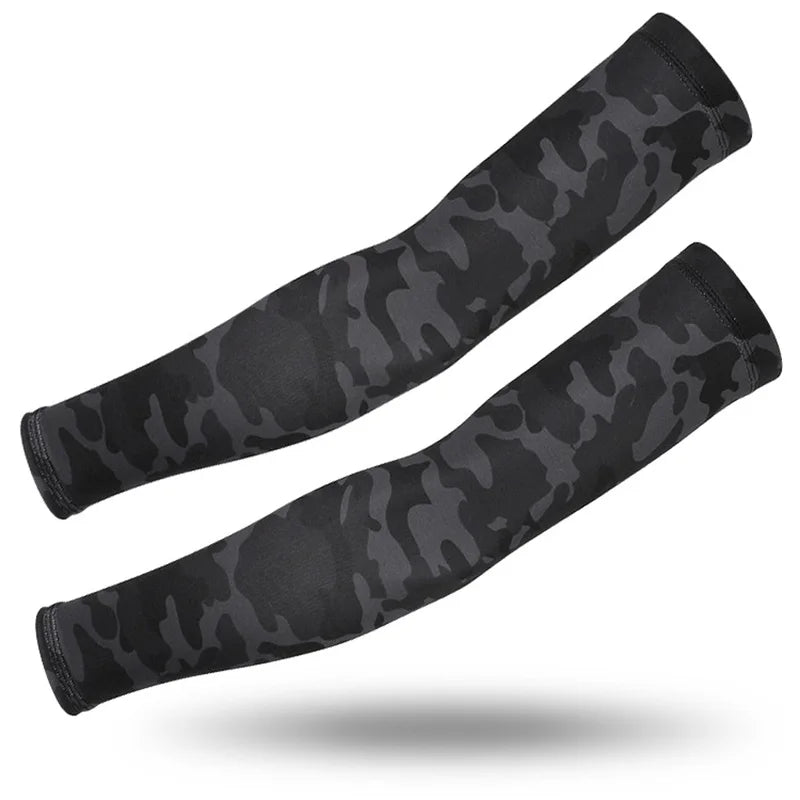 A pair of black tactical camouflage arm sleeves shown diagonally against a white background.