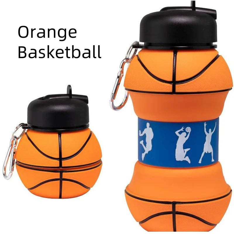 Orange basketball sports water bottle with a black lid and silicone texture