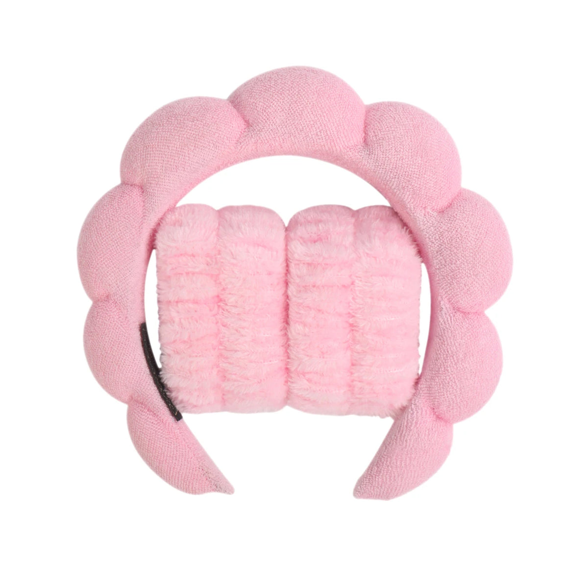 Pink microfiber skincare headband and wristband set with a floral design