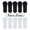 A set of ten silicone no-show socks, five black and five white.