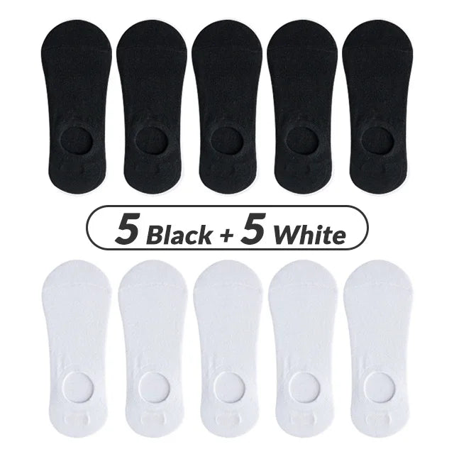 A set of ten silicone no-show socks, five black and five white.