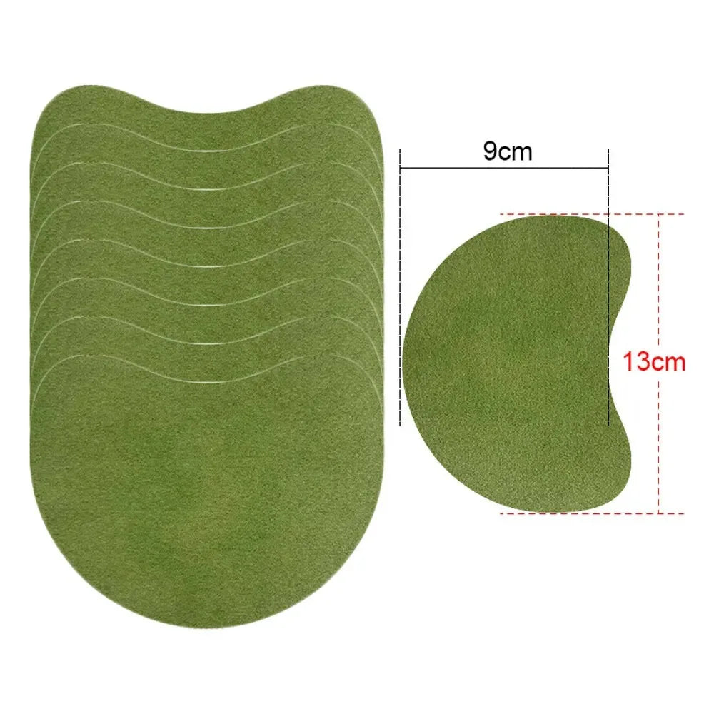 Green acupressure heat patches for neck and shoulder relief shown with dimensions.