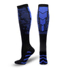 A pair of multi-use sport compression socks in black with blue accents.