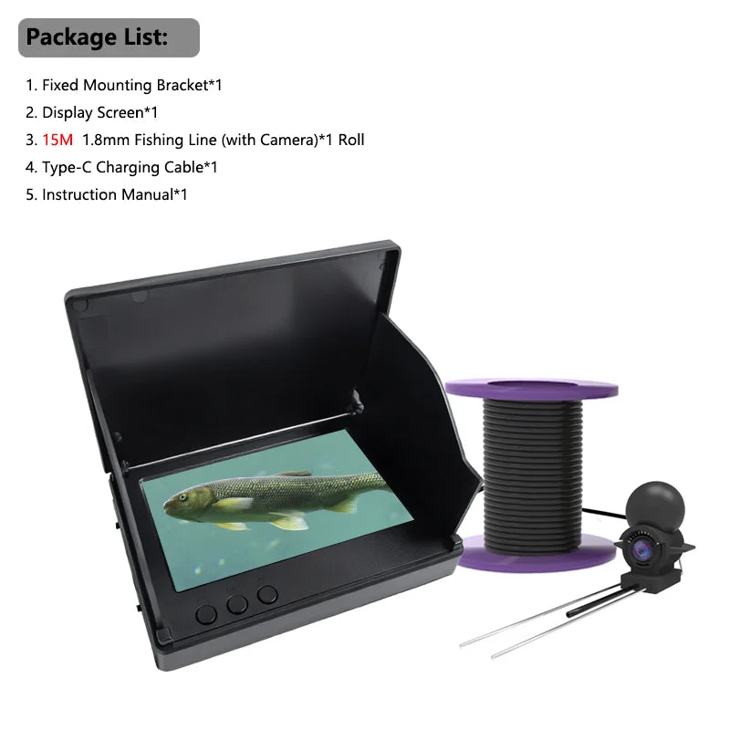 A black handheld underwater fishing camera is shown open, with an accessory attached and a separate lens visible.