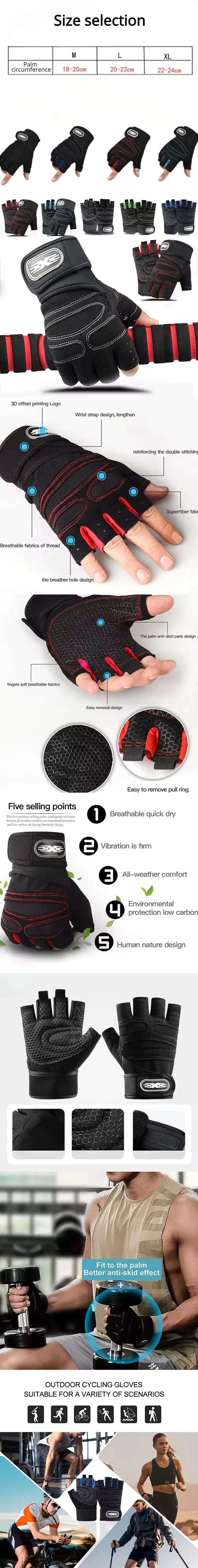 A variety of half finger wrist guards in black, gray, and red are shown for sports and fitness activities.