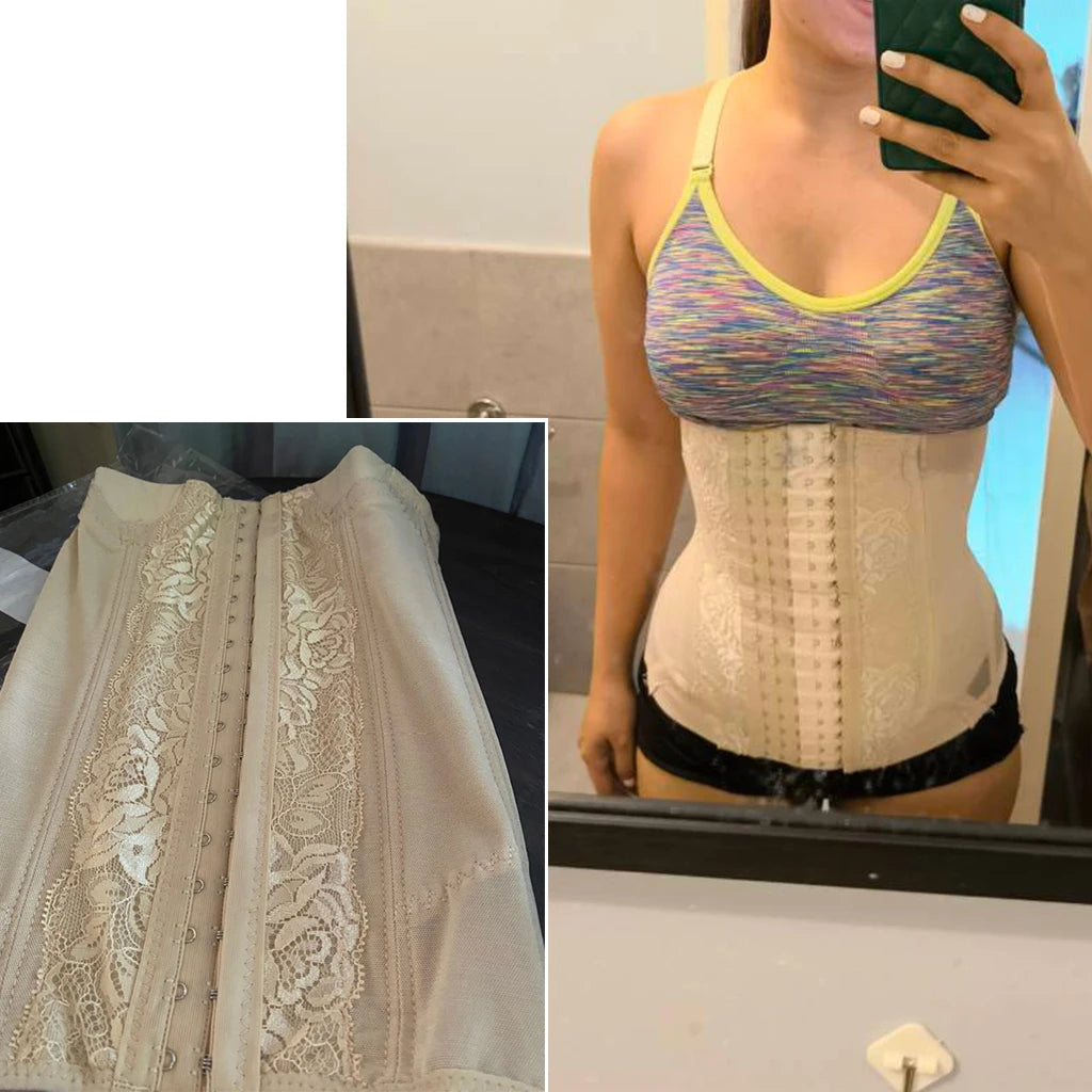 A woman wearing a beige body shaper waist trainer corset, featuring lace detailing and boning.
