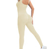 A model wearing a beige ribbed nylon bodycon jumpsuit, shown from the back and side.
