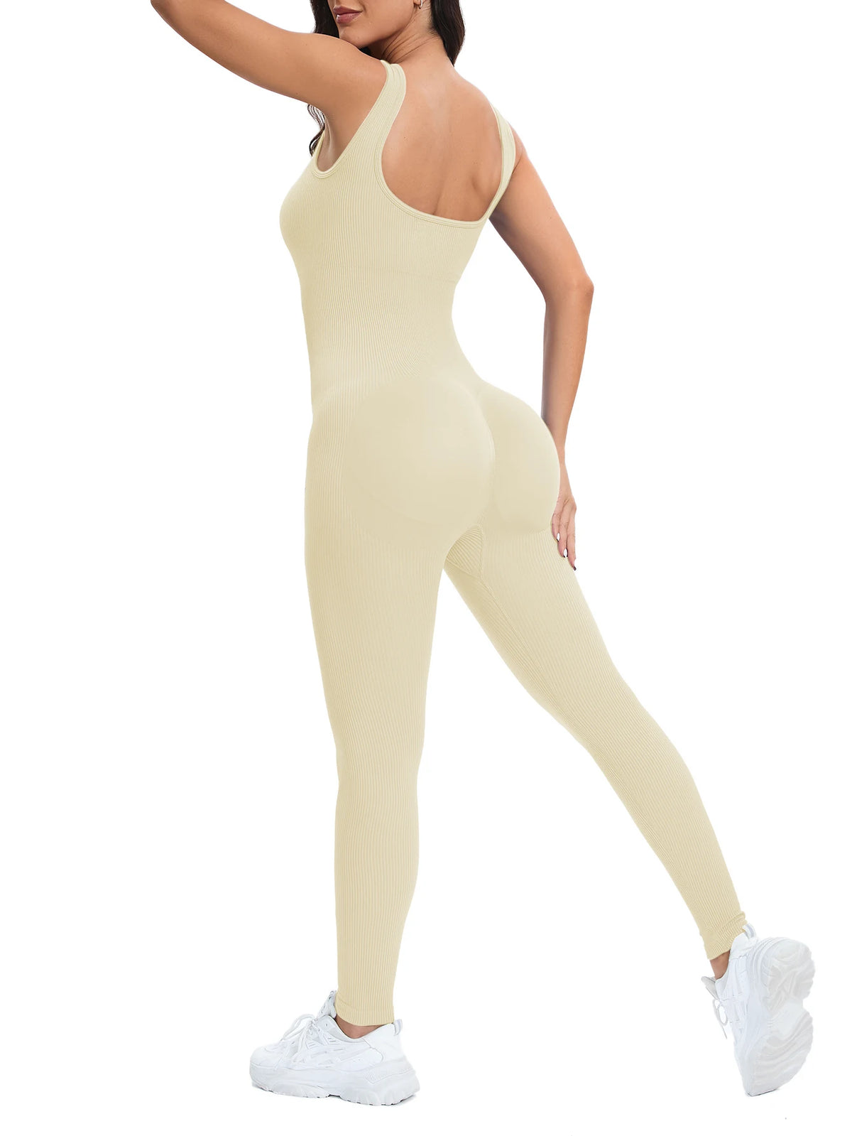 A model wearing a beige ribbed nylon bodycon jumpsuit, shown from the back and side.