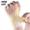 A hand is wearing a beige wrist support compression strap on the left wrist.