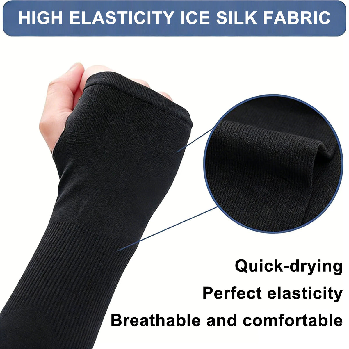 Black high elasticity ice silk fabric arm sleeve showing texture and stretch