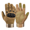 A pair of tan and olive green tactical full-finger motorcycle gloves displayed side by side.