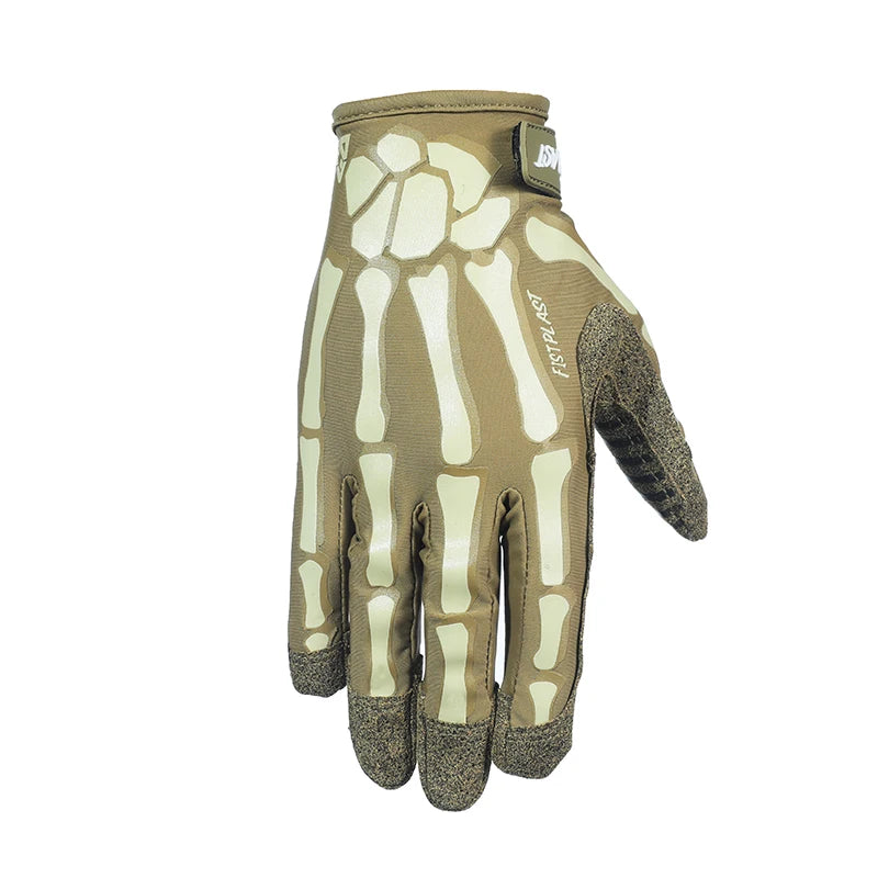 A pair of light olive green tactical finger gloves with a glow-in-the-dark pattern on the knuckles.