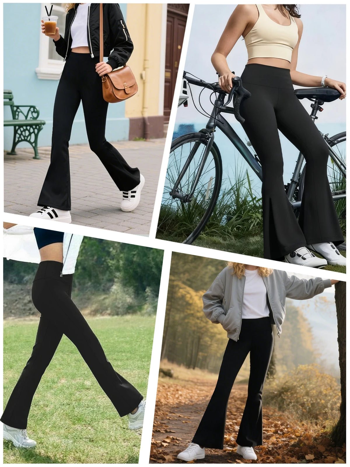 A woman models black flared yoga trousers paired with a white top and boots outdoors.