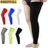 A collection of compression leg sleeves in various colors including red, blue, white, and lime green shown next to a black sl