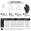 Size chart for durable leather touch screen riding gloves showing measurements for different hand sizes.