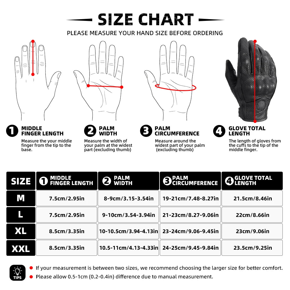 Size chart for durable leather touch screen riding gloves showing measurements for different hand sizes.