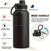 A dark brown insulated stainless steel vacuum water bottle with a wide handle, showing features like leak-proof lid and tempe