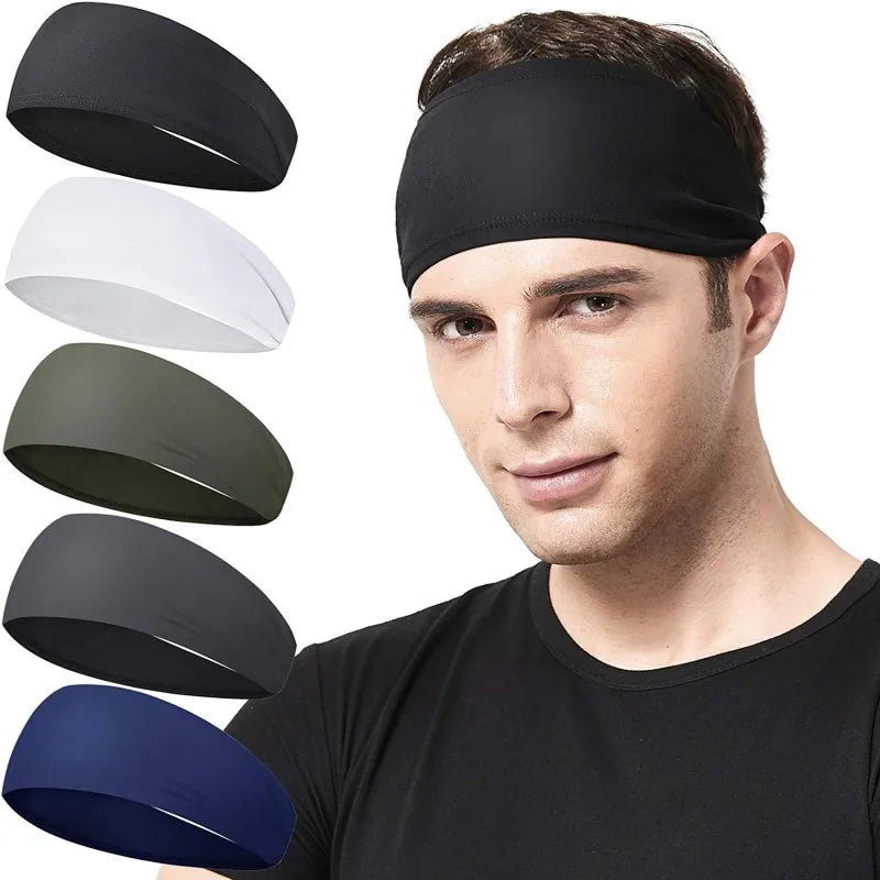 A man wearing a black stretch sports headband with various color options displayed beside him.