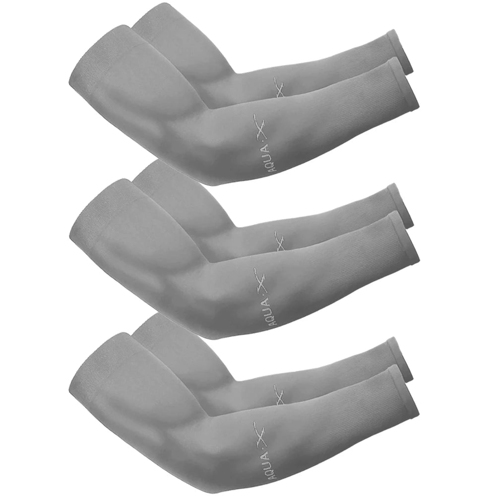 Gray unisex sun protection arm sleeves shown in a stacked arrangement.