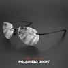 A pair of clear polarized light aviator sunglasses resting on a dark surface.