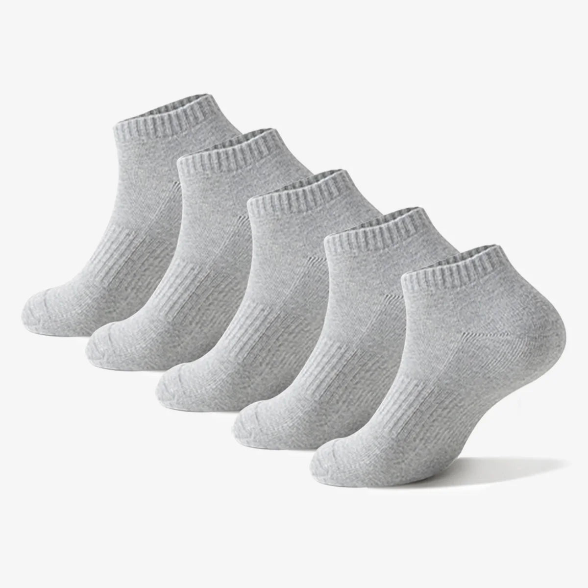 A stack of light gray thin ankle socks for athletic and daily wear.