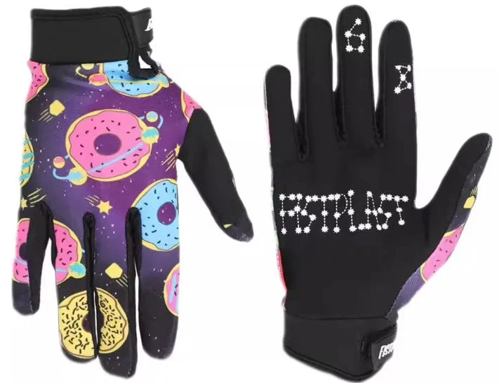 A pair of full finger motocross motorcycle gloves featuring a purple background with colorful patterns and white text.