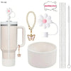 A set of six reusable accessories for a tumbler, including a sparkling straw, flower charms, and cleaning tools.