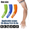 Drei bunte Ärmel in grün, blau und orange werden an einem Arm zur UV-Schutz- und Kühlung gemessen.