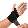 A hand wearing a black adjustable wrist support brace for pain relief.