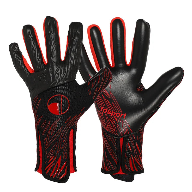 Un par de guantes de portero negros y rojos para fútbol o soccer