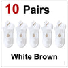 Ten pairs of white brown breathable men's running socks displayed side by side.