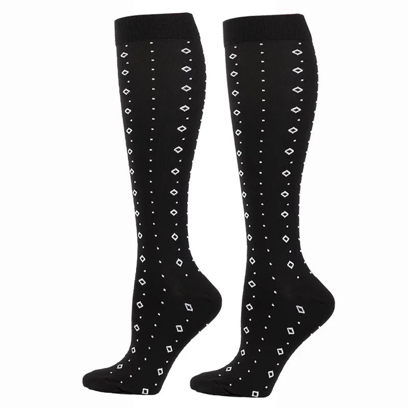 Black compression elastic socks with a white diamond pattern