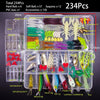 A clear plastic box containing a multi-function fishing lure kit with various hooks, baits, and lures.