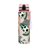 A pink water bottle featuring a green football pattern and a black and white checkered design.