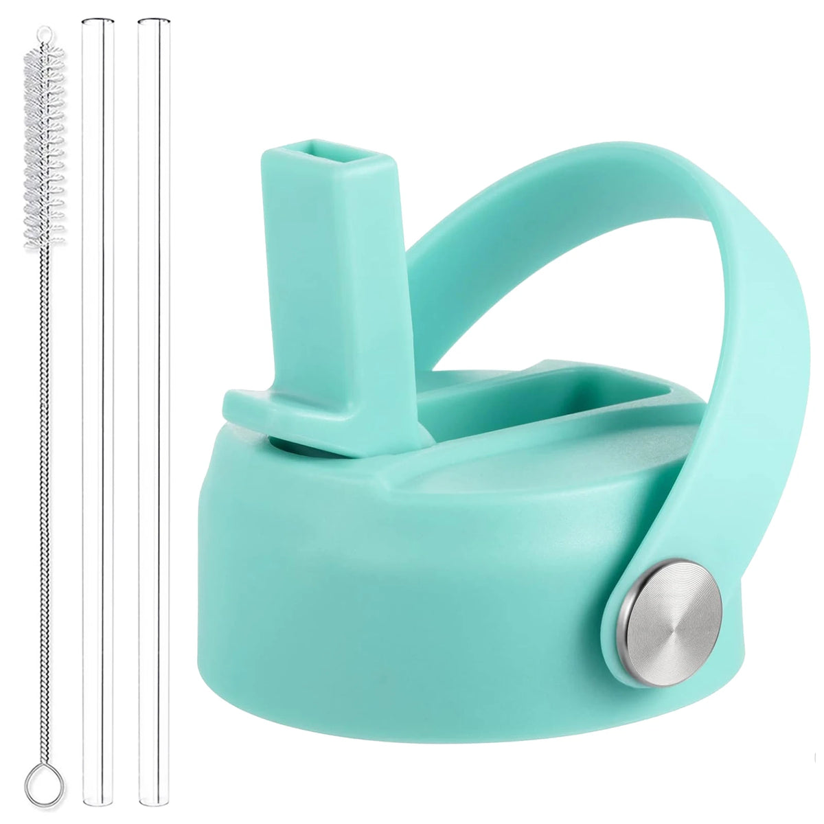 A teal silicone secure straw lid for wide mouth bottles with a protective cap and clear straws.