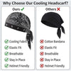 Comparison chart showing features of a cooling headscarf against other types of bandanas.