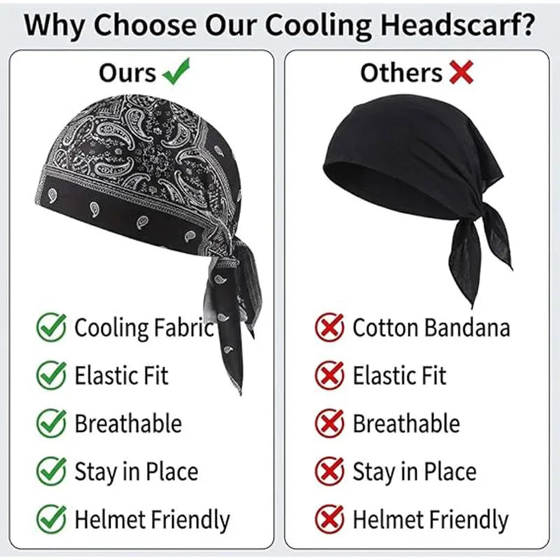 Comparison chart showing features of a cooling headscarf against other types of bandanas.