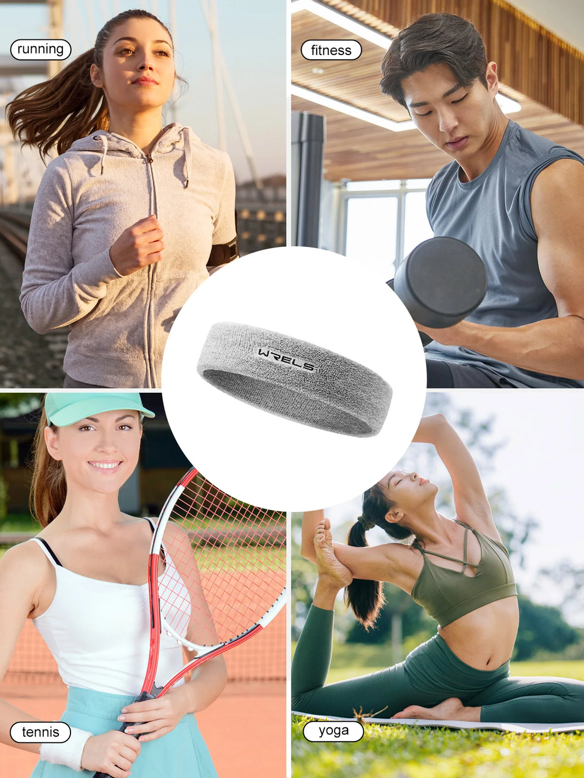 A collection of multi-use athletic sweatbands shown in various contexts including running, fitness, tennis, and yoga.