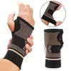 Black knit wrist compression brace shown on a hand and in detail, demonstrating its fit and design.