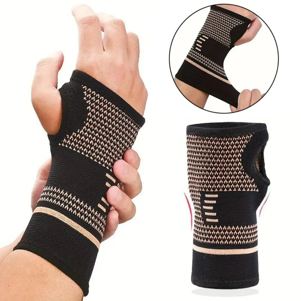 Black knit wrist compression brace shown on a hand and in detail, demonstrating its fit and design.