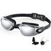 Silver anti-fog swimming goggles with a black strap and replacement silicone nose pieces