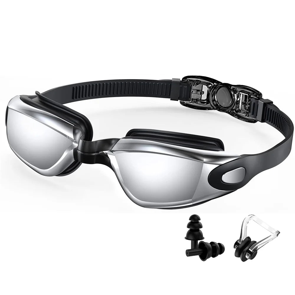 Silver anti-fog swimming goggles with a black strap and replacement silicone nose pieces