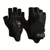 A pair of black breathable half finger cycling gloves with a textured grip and a logo on the palm.