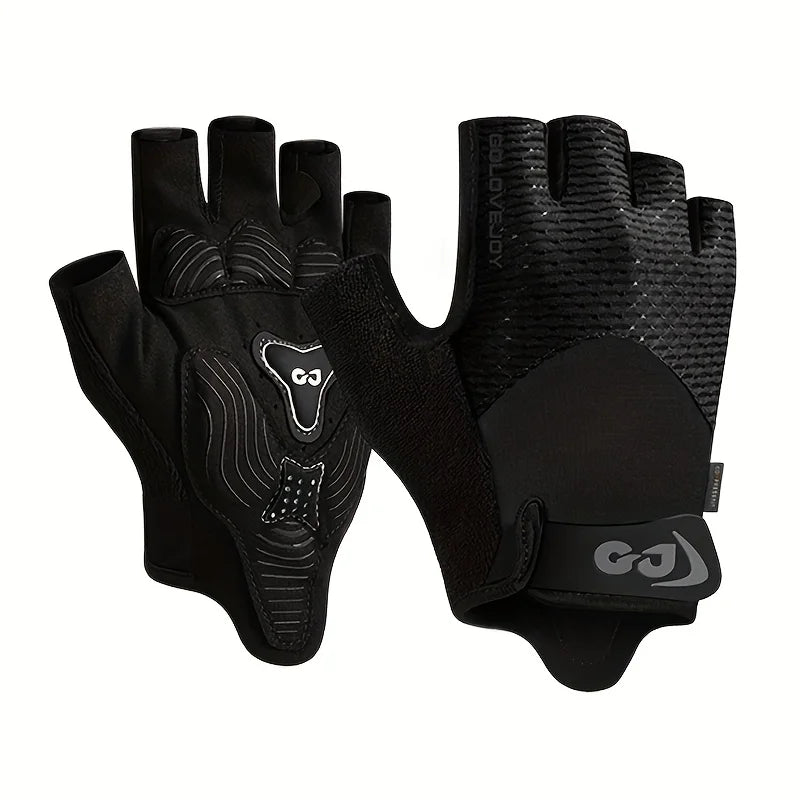 A pair of black breathable half finger cycling gloves with a textured grip and a logo on the palm.