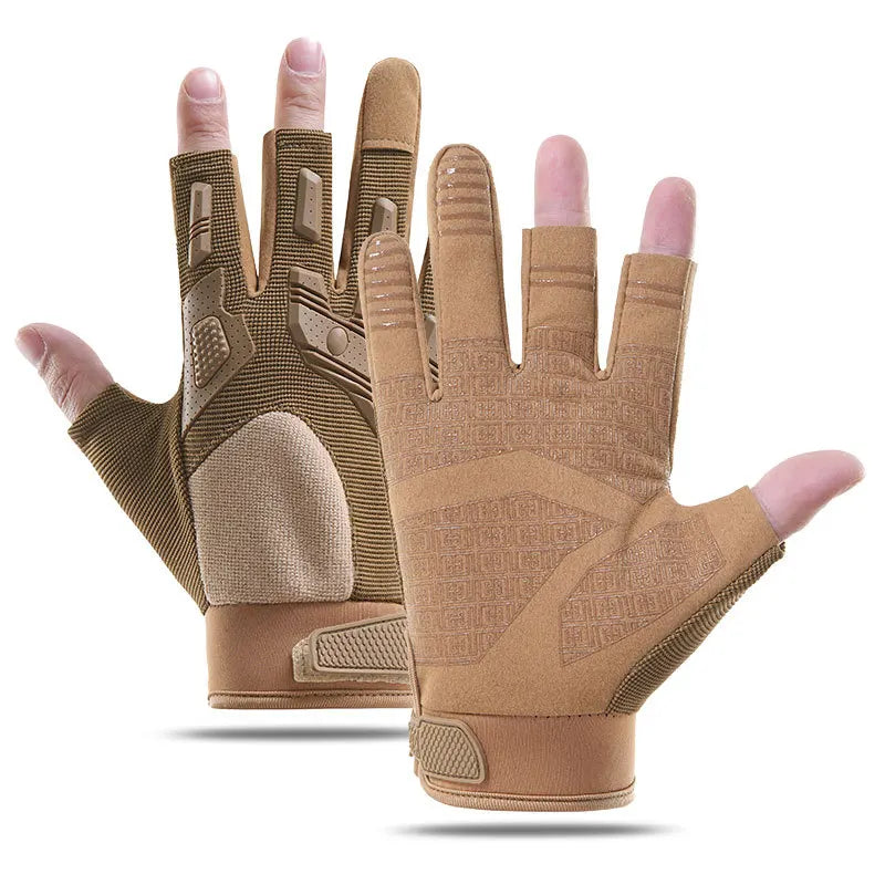 A pair of tan tactical anti-slip outdoor gloves shown from above.