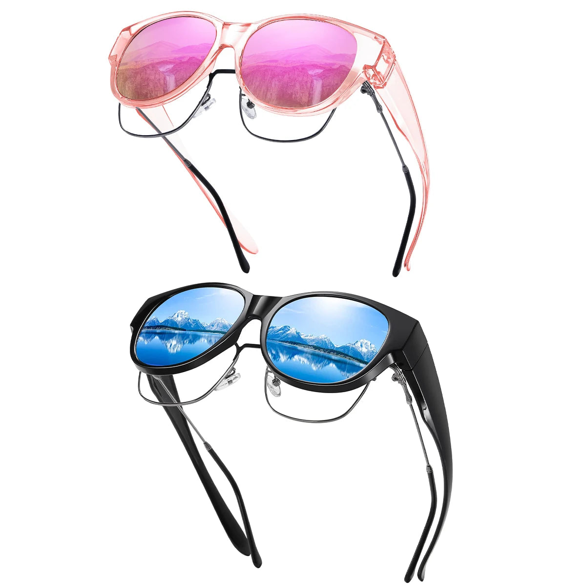 A pair of oversized polarized sunglasses with pink and blue mirrored lenses and black frames.