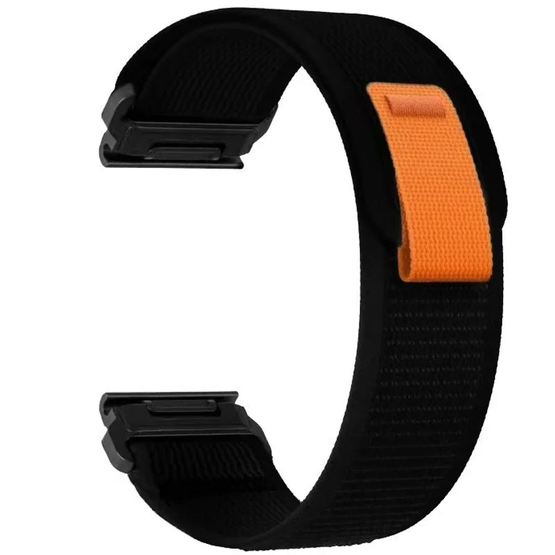 Black and orange adjustable nylon strap for a sports watch.