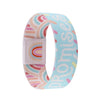 A colorful stretch silicone wristband bracelet featuring a rainbow pattern on a light blue background.