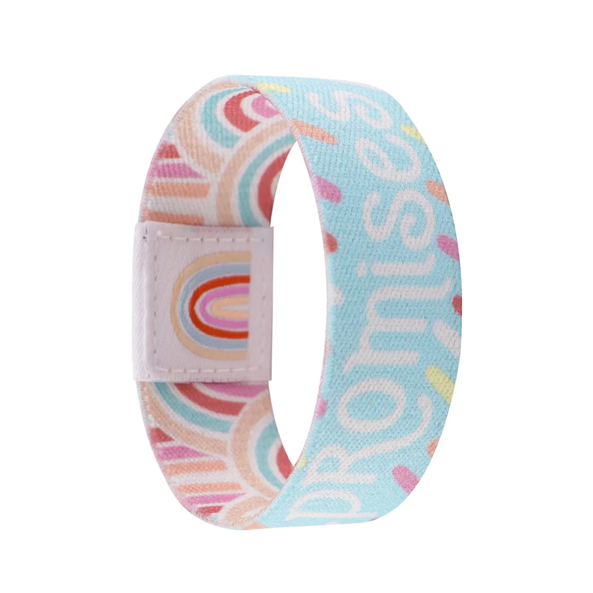 A colorful stretch silicone wristband bracelet featuring a rainbow pattern on a light blue background.